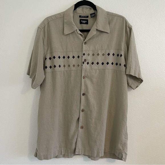 HAGGAR Men’s Large Tan Linen Blend Short Sleeve Loose Fit Button Up Shirt - Picture 1 of 4